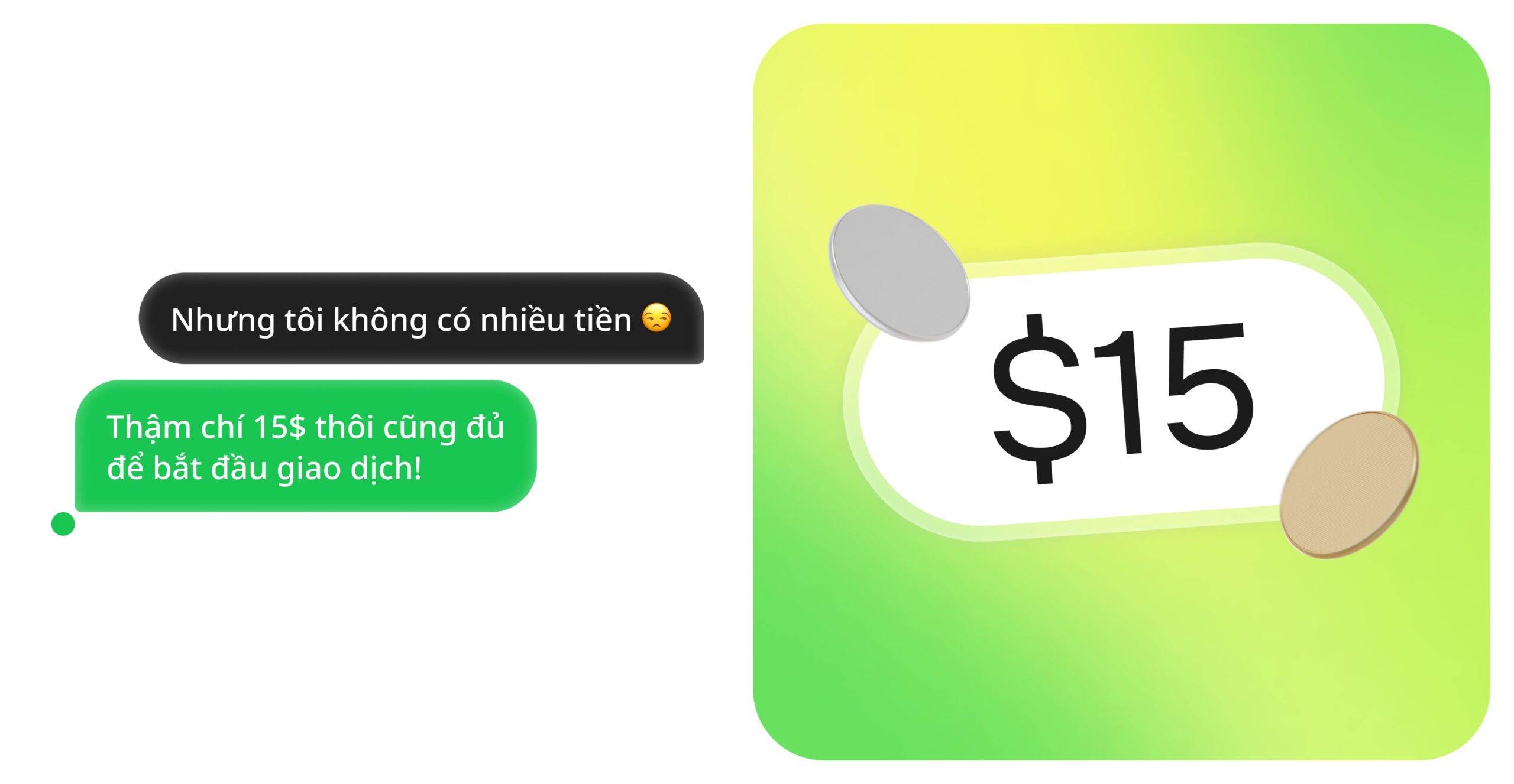 alt text: Hình ảnh minh hoạ giao dịch trên ứng dụng Doto với số tiền nạp tối thiểu là 15 USD, cho phép người dùng tiếp cận thị trường với vốn đầu tư nhỏ.