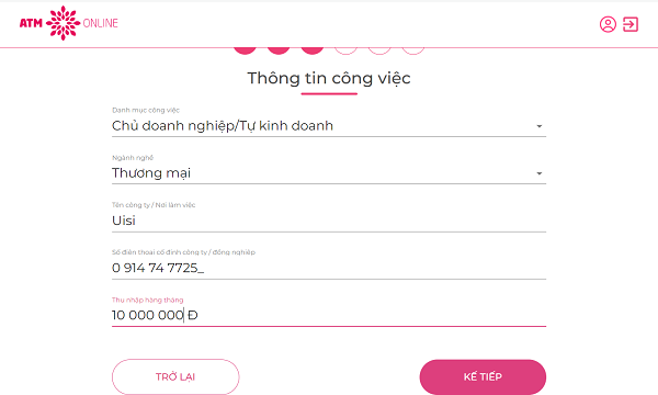 Điền đầy đủ thông tin công việc của khách hàng