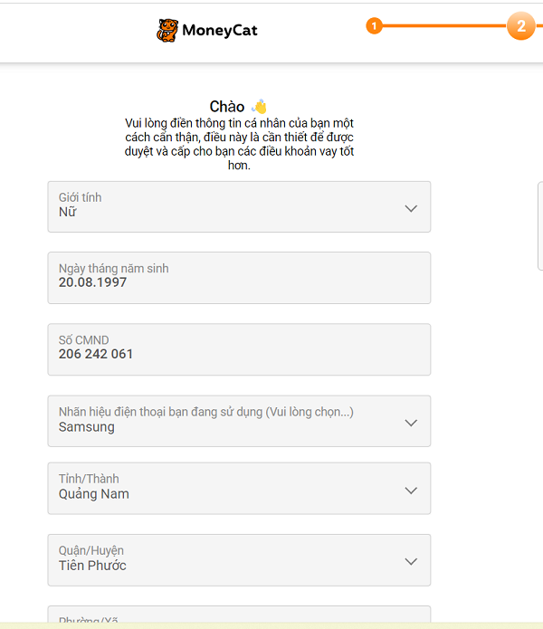 Bước 2 vay tiền qua web MoneyCat.
