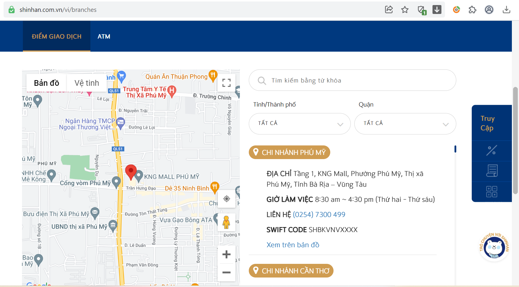 Giao diện tra cứu chi nhánh Shinhan Bank trên website.
